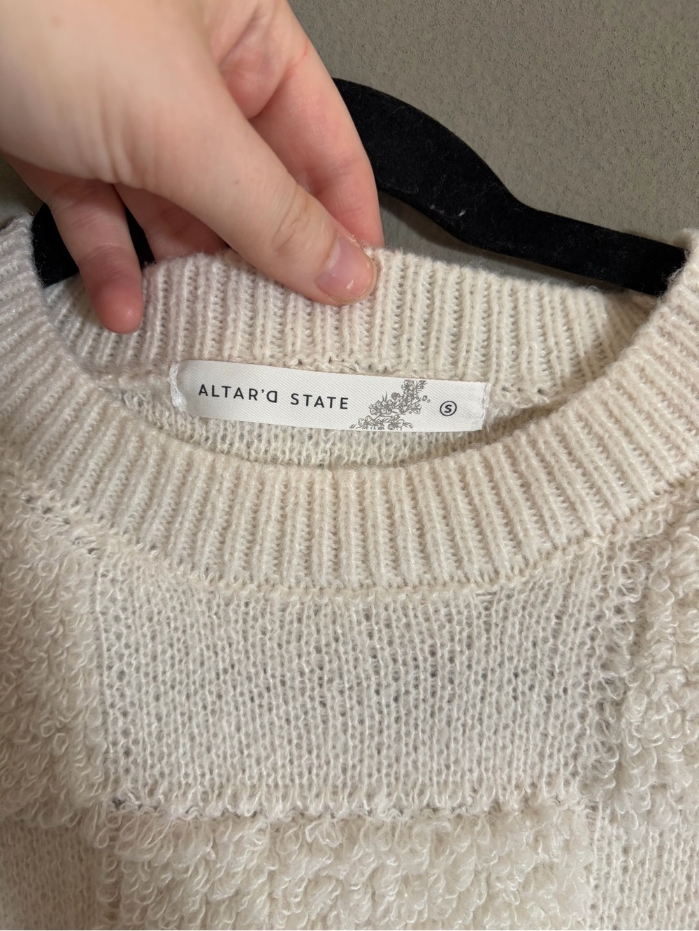 Altar’d State Cream Textured Checkerboard Sweater Cropped Balloon Sleeve Cozy - Picture 6 of 11